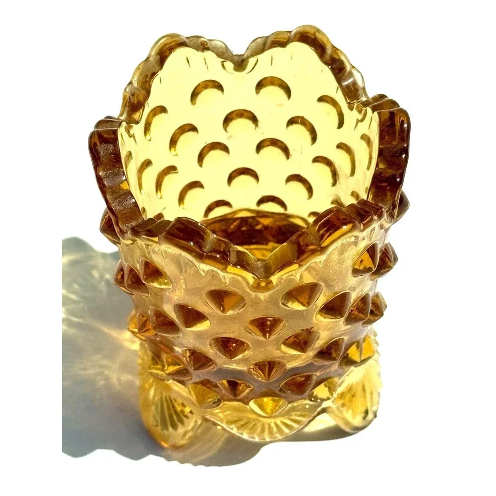 Fenton Vintage Amber Hobnail Glass Toothpick Match Holder– Footed
